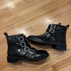 Black patent leather, snakeskin ankle boots with strap and buckle detail